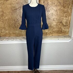 Black Halo‎ Brooklyn Jumpsuit Womens 6 3/4 Bell Sleeve Super Loft Woven Blue